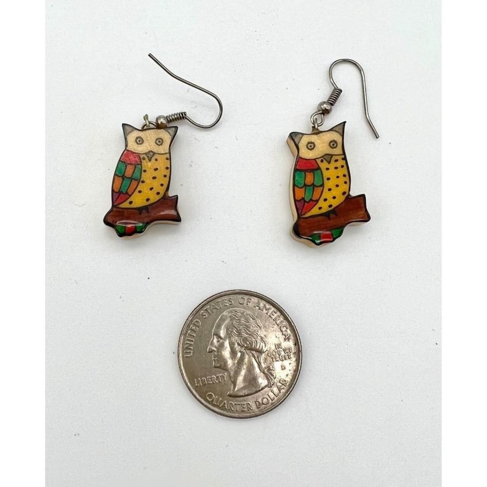 Wooden Colorful Owl Earrings Lightweight Whimsical - Picture 4 of 4